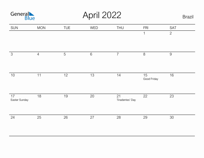 Printable April 2022 Calendar for Brazil