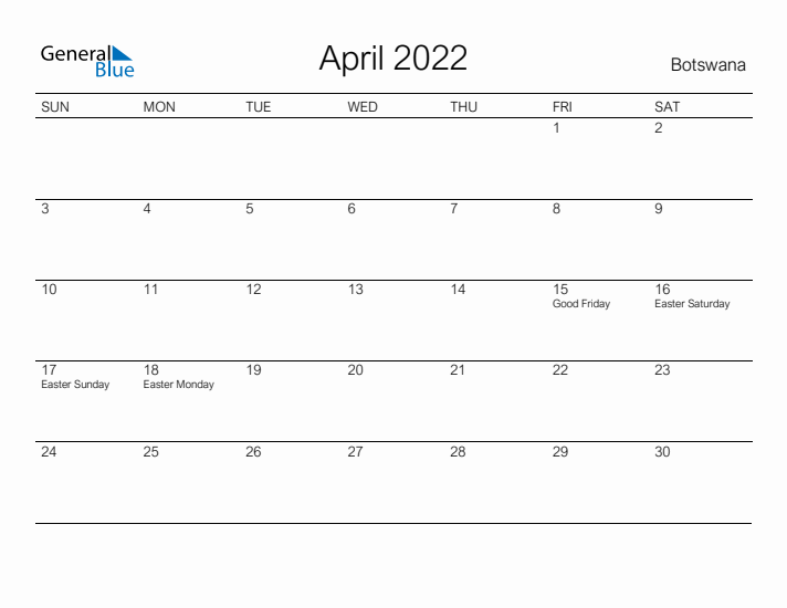 Printable April 2022 Calendar for Botswana