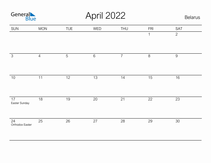 Printable April 2022 Calendar for Belarus