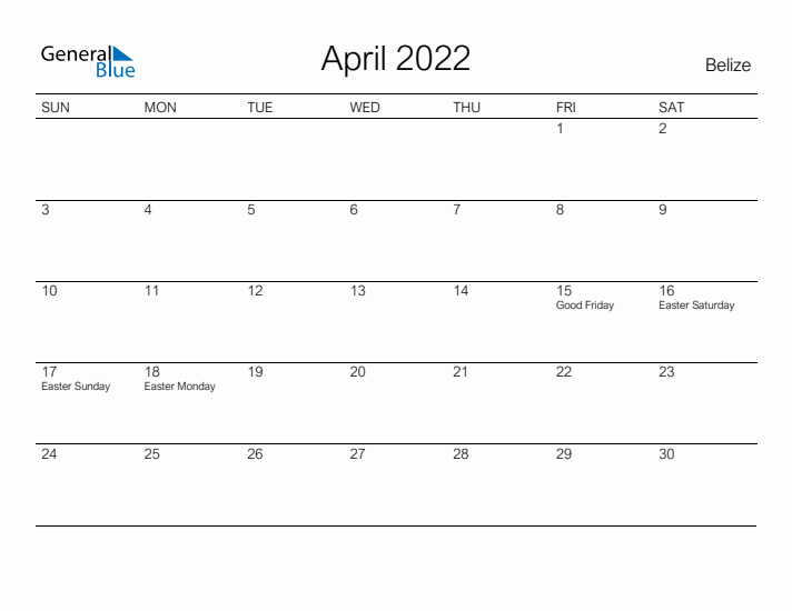Printable April 2022 Calendar for Belize