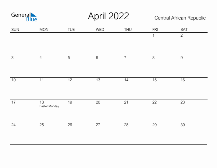 Printable April 2022 Calendar for Central African Republic