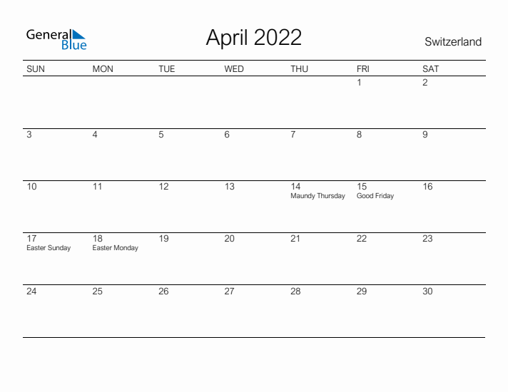 Printable April 2022 Calendar for Switzerland