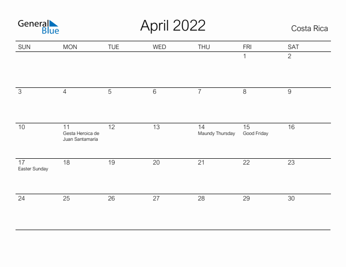 Printable April 2022 Calendar for Costa Rica