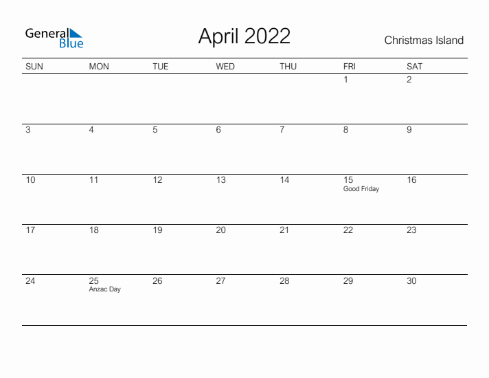 Printable April 2022 Calendar for Christmas Island