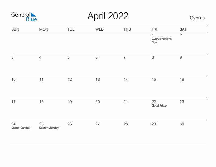 Printable April 2022 Calendar for Cyprus