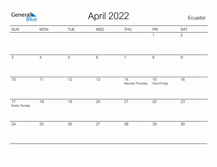 Printable April 2022 Calendar for Ecuador