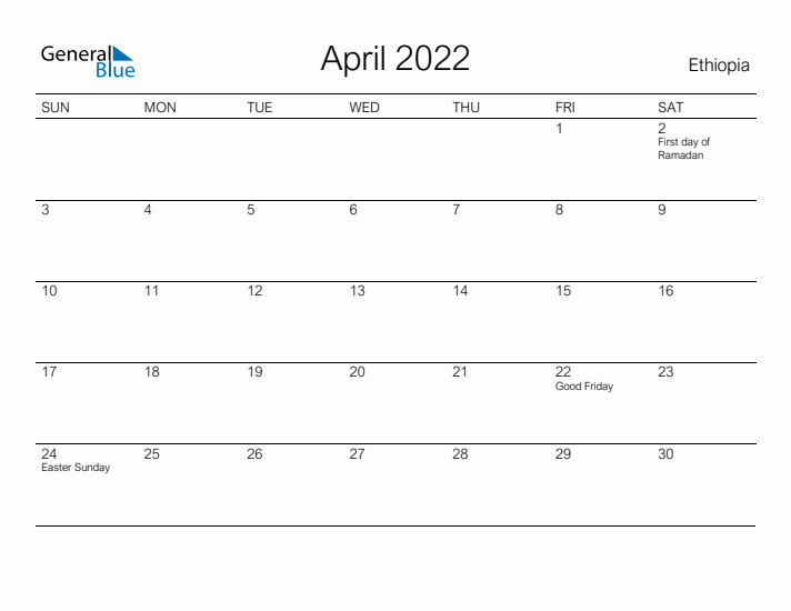 Printable April 2022 Calendar for Ethiopia
