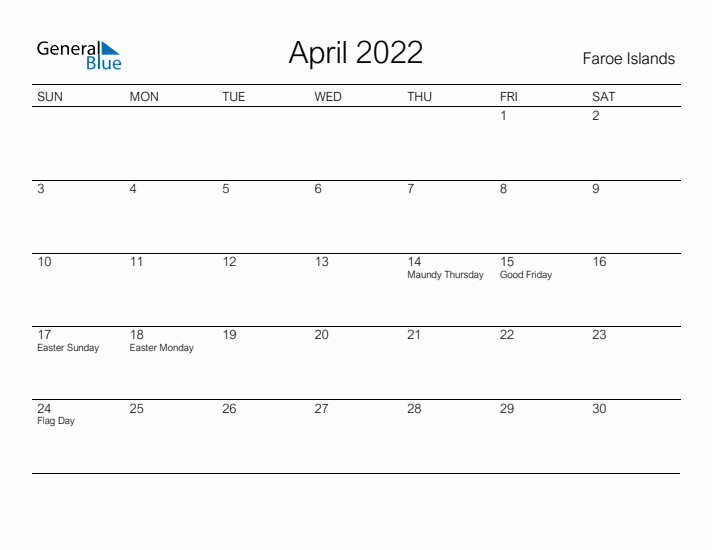 Printable April 2022 Calendar for Faroe Islands