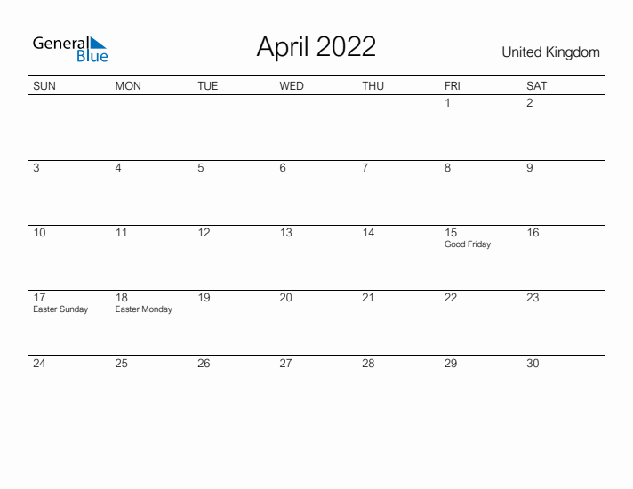 Printable April 2022 Calendar for United Kingdom