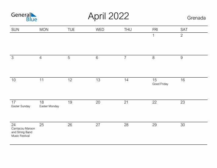 Printable April 2022 Calendar for Grenada