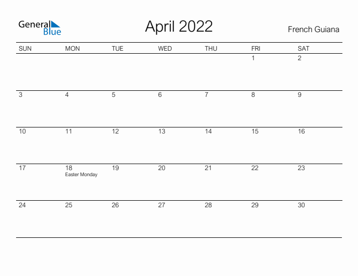 Printable April 2022 Calendar for French Guiana