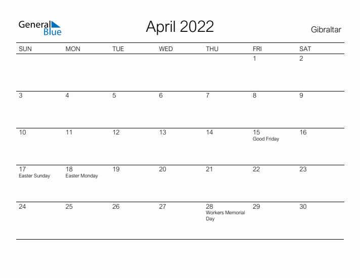 Printable April 2022 Calendar for Gibraltar