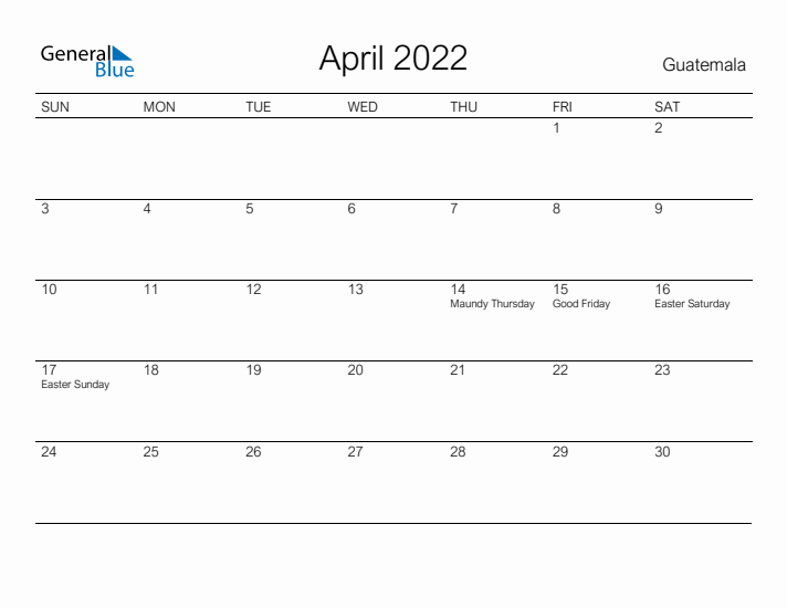 Printable April 2022 Calendar for Guatemala