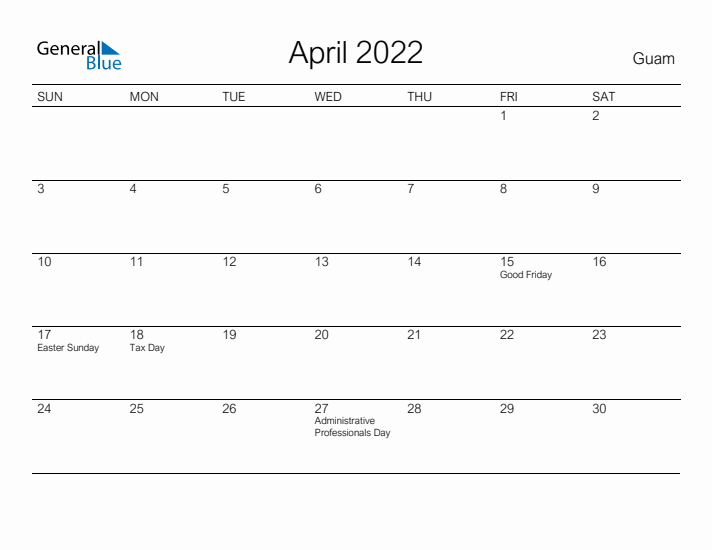 Printable April 2022 Calendar for Guam