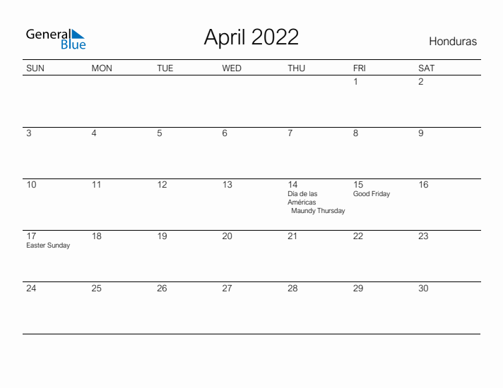 Printable April 2022 Calendar for Honduras