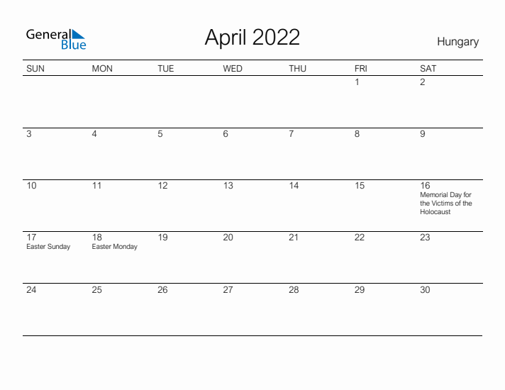 Printable April 2022 Calendar for Hungary