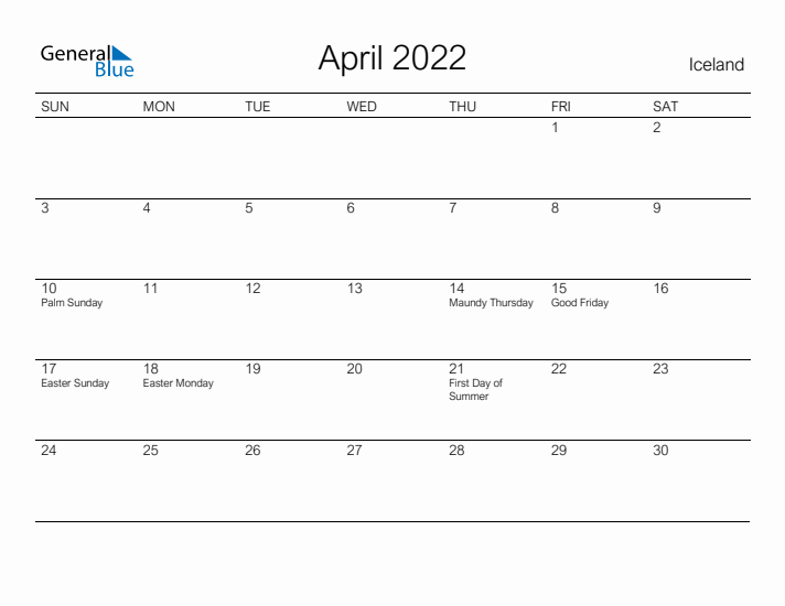 Printable April 2022 Calendar for Iceland