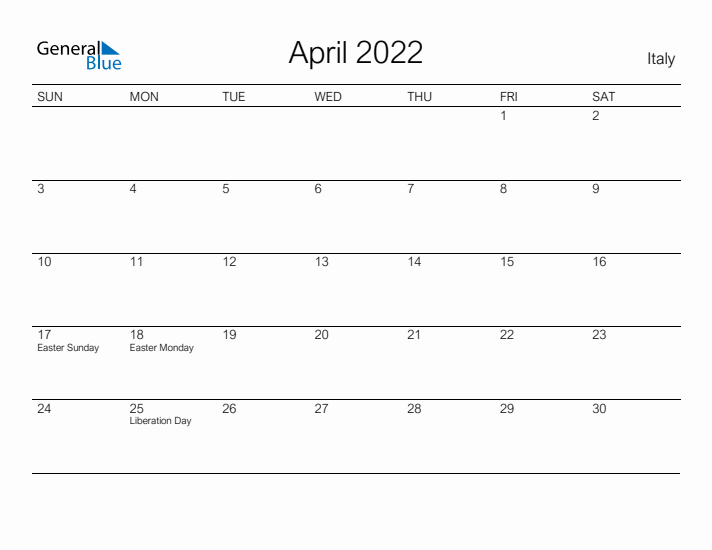 Printable April 2022 Calendar for Italy