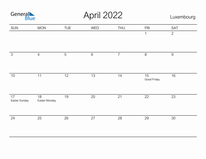 Printable April 2022 Calendar for Luxembourg