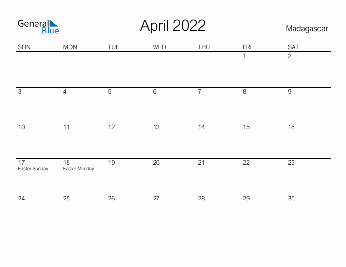 Printable April 2022 Calendar for Madagascar