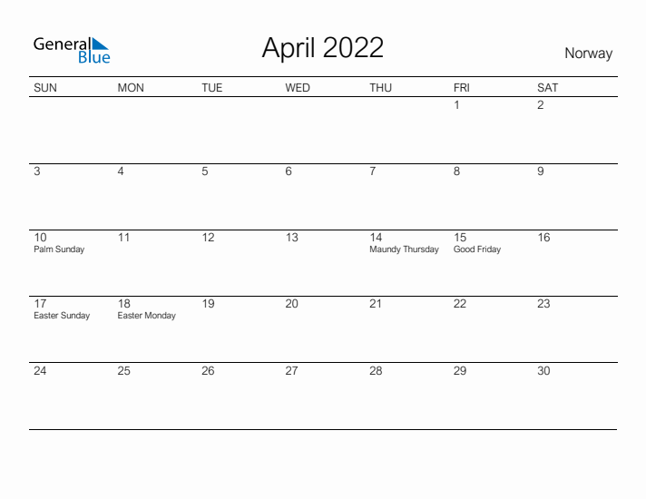 Printable April 2022 Calendar for Norway