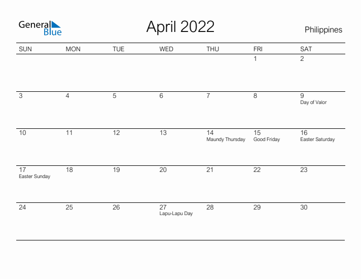 Printable April 2022 Calendar for Philippines