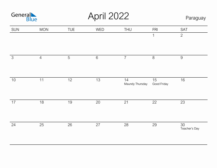 Printable April 2022 Calendar for Paraguay