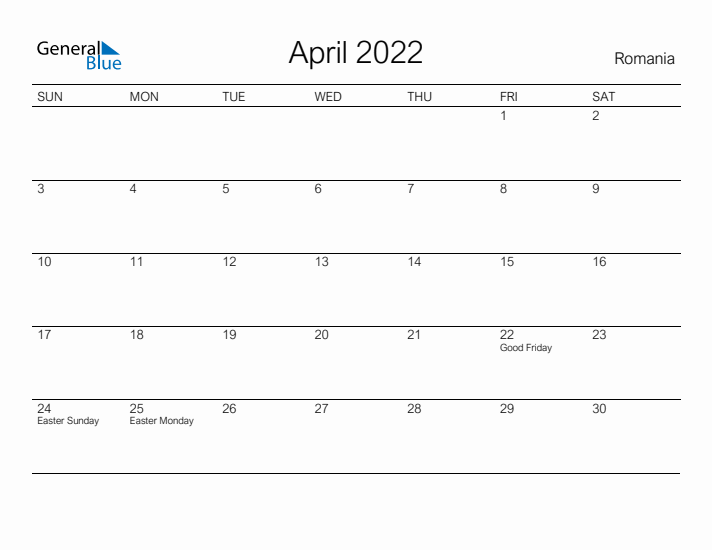 Printable April 2022 Calendar for Romania