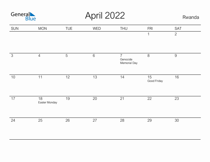 Printable April 2022 Calendar for Rwanda
