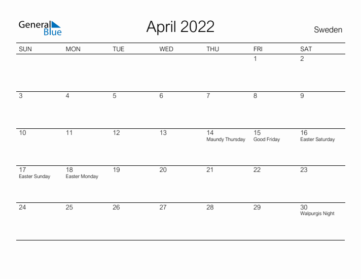 Printable April 2022 Calendar for Sweden