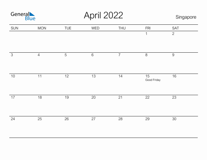 Printable April 2022 Calendar for Singapore