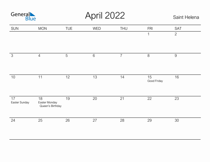 Printable April 2022 Calendar for Saint Helena