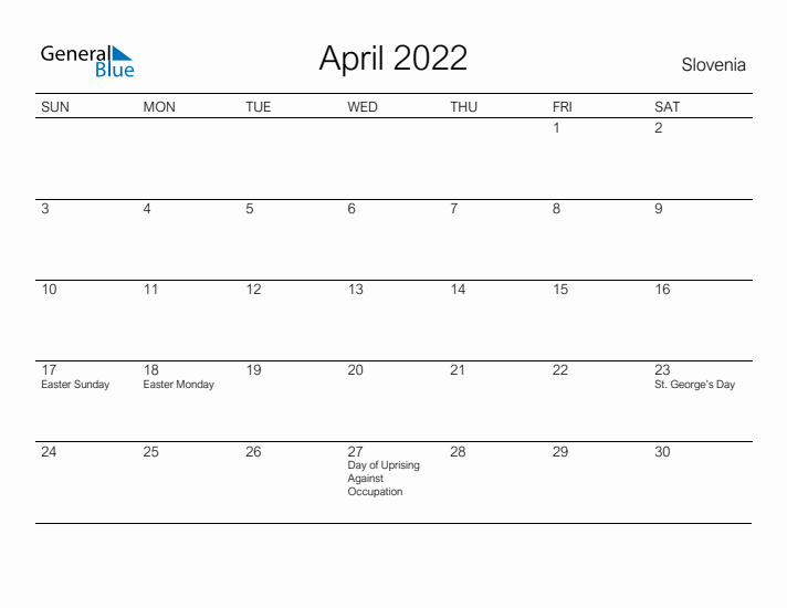 Printable April 2022 Calendar for Slovenia