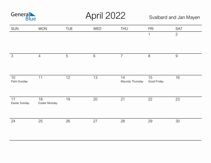 Printable April 2022 Calendar for Svalbard and Jan Mayen