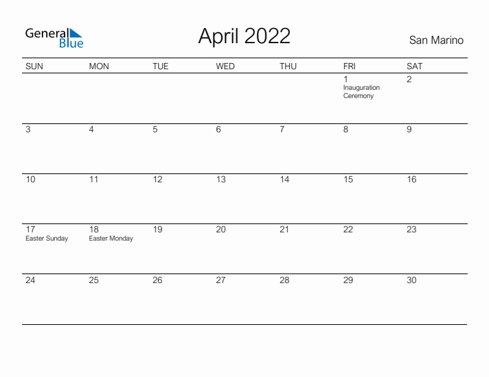 Printable April 2022 Calendar for San Marino
