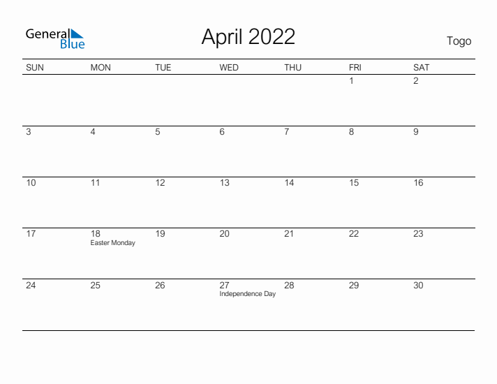 Printable April 2022 Calendar for Togo
