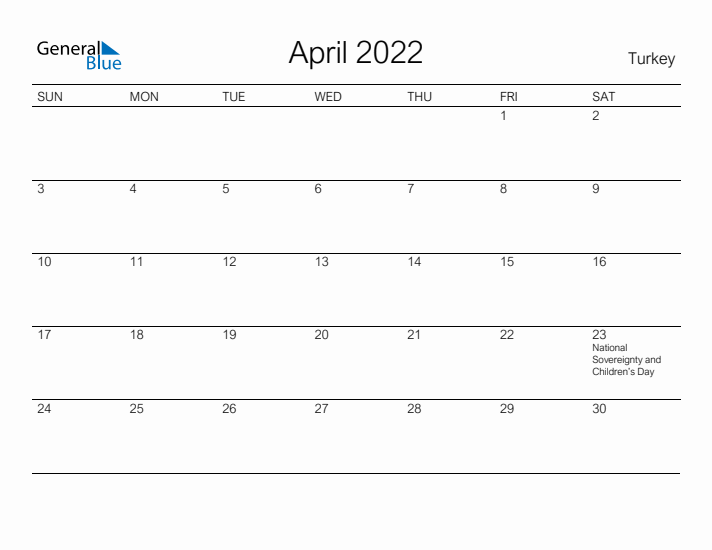 Printable April 2022 Calendar for Turkey
