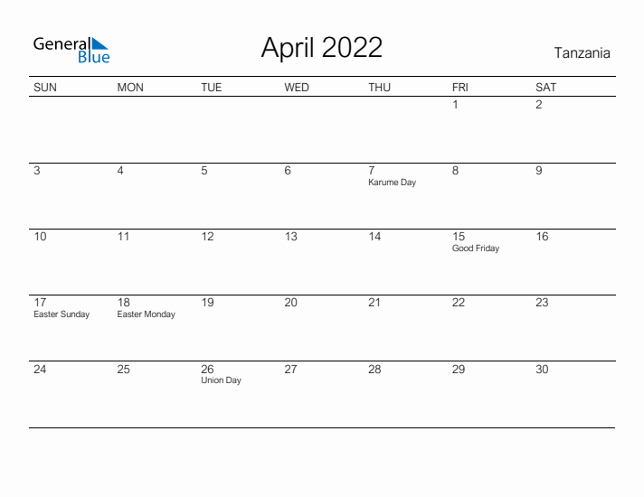 Printable April 2022 Calendar for Tanzania