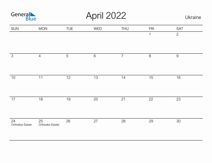 Printable April 2022 Calendar for Ukraine