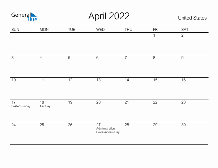 Printable April 2022 Calendar for United States