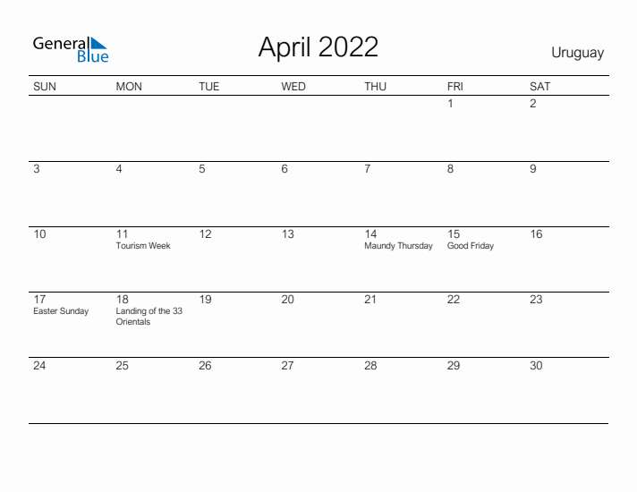 Printable April 2022 Calendar for Uruguay