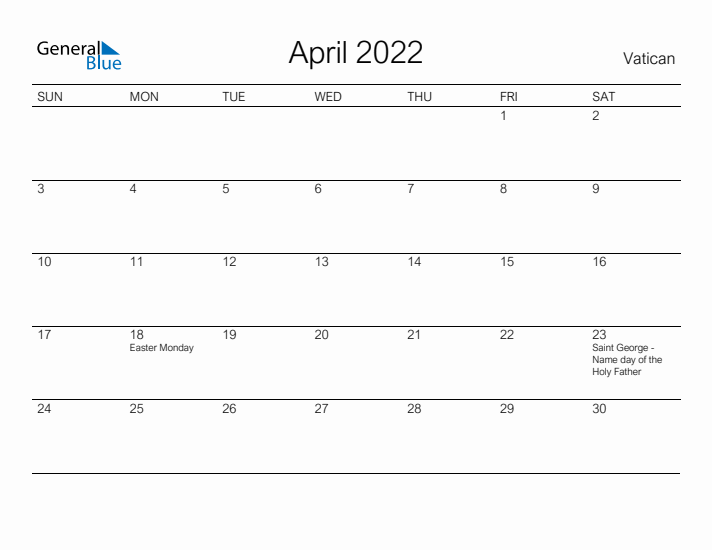 Printable April 2022 Calendar for Vatican