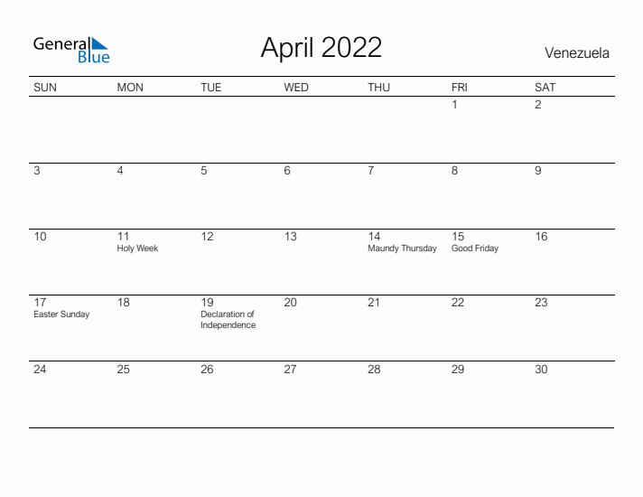 Printable April 2022 Calendar for Venezuela