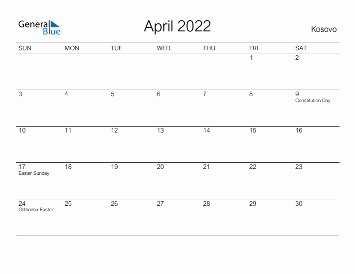 Printable April 2022 Calendar for Kosovo