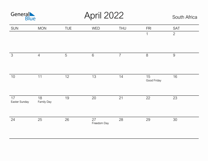 Printable April 2022 Calendar for South Africa