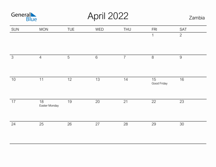 Printable April 2022 Calendar for Zambia