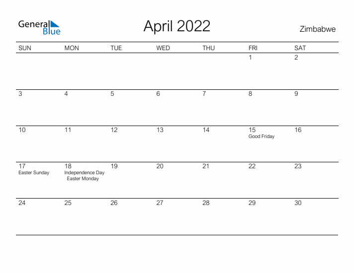 Printable April 2022 Calendar for Zimbabwe
