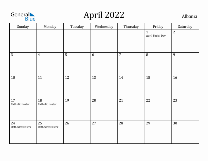 April 2022 Calendar Albania