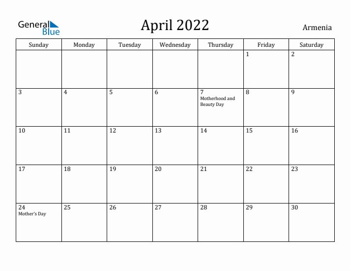 April 2022 Calendar Armenia