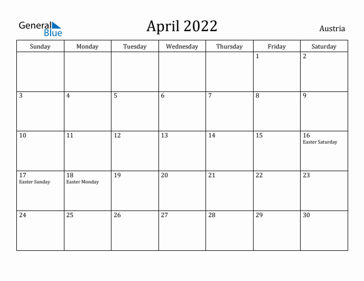 April 2022 Calendar Austria